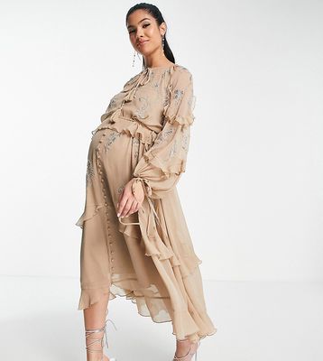 ASOS DESIGN Maternity ruffle midi dress with floral embellishment and tie details in beige-Green