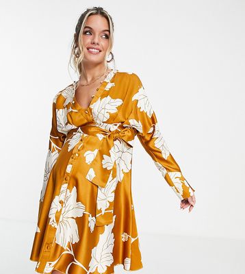 ASOS DESIGN Maternity satin batwing mini dress with button front detail and tie front in mustard floral print-Multi