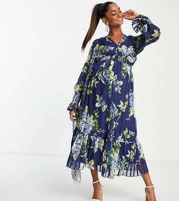 ASOS DESIGN Maternity satin stripe midi dress with blouson sleeve and button detail in navy floral print-Multi