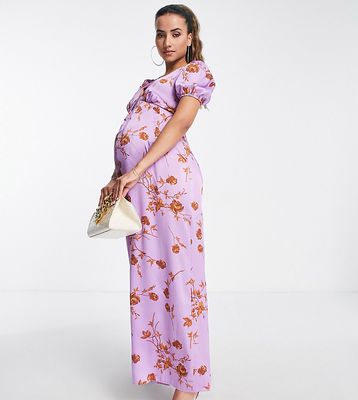 ASOS DESIGN Maternity satin tea jumpsuit with puff sleeve in floral print-Multi