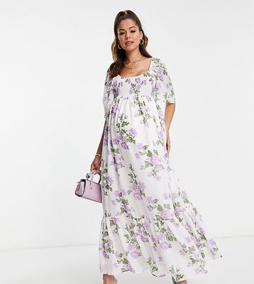 ASOS DESIGN Maternity scoop neck maxi dress with raw edge in white base purple floral print-Multi