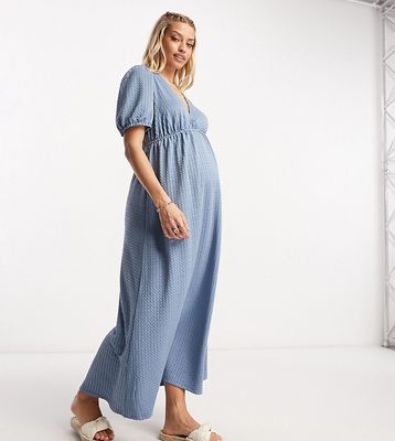 ASOS DESIGN Maternity shirred waist midi tea dress with volume sleeve in blue-Multi