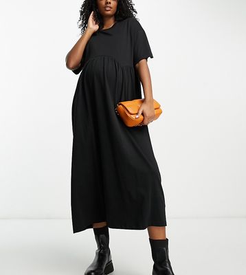 ASOS DESIGN Maternity short sleeve smock midi dress with seam detail in black-Multi
