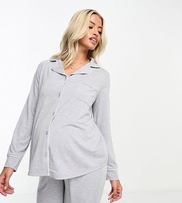 ASOS DESIGN Maternity soft jersey long sleeve shirt & pants pajama set with contrast piping in gray heather