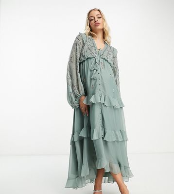 ASOS DESIGN Maternity soft midi dress with button front and trailing floral embellishment in sage-Green
