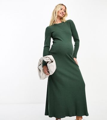 ASOS DESIGN Maternity super soft rib crew neck midi dress with long sleeve in green