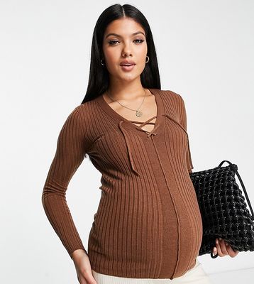 ASOS DESIGN Maternity sweater with lace up detail in brown