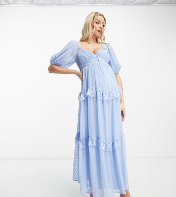 ASOS DESIGN Maternity sweetheart neckline burnout pleated midi dress in cornflower blue