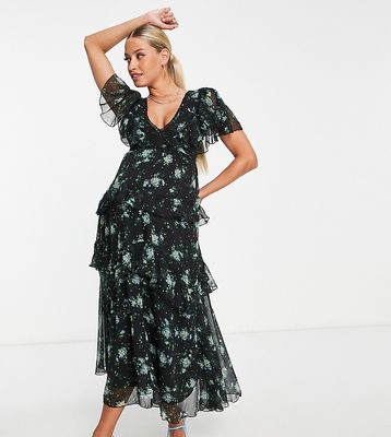ASOS DESIGN Maternity textured tiered midi dress with lace insert and open back in print-Multi
