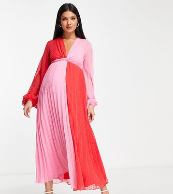 ASOS DESIGN Maternity textured twist front pleated midi dress in red and pink color block-Multi