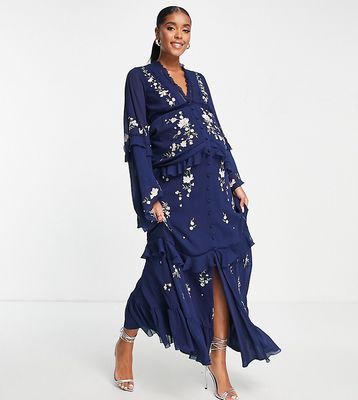 ASOS DESIGN Maternity tiered floral embroidered maxi dress with raw edge in navy
