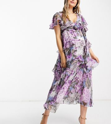 ASOS DESIGN Maternity tiered midi dress with lace insert and open back in lilac large floral print-Purple