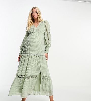 ASOS DESIGN Maternity tufted textured lace insert maxi dress in light sage-Green