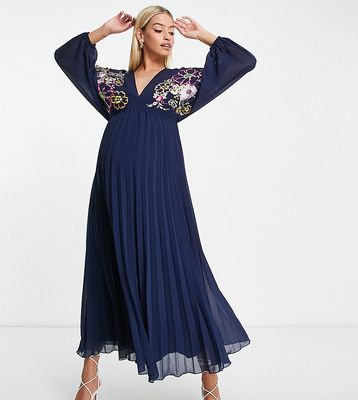 ASOS DESIGN Maternity v front baby doll pleated embroidered midi dress in navy