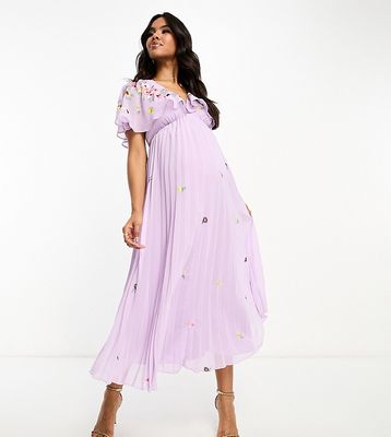 ASOS DESIGN Maternity v-neck angel sleeve pleat midi dress with all over embroidery in lilac-Purple