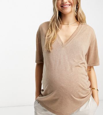 ASOS DESIGN Maternity v neck t-shirt in texture in mocha-Neutral