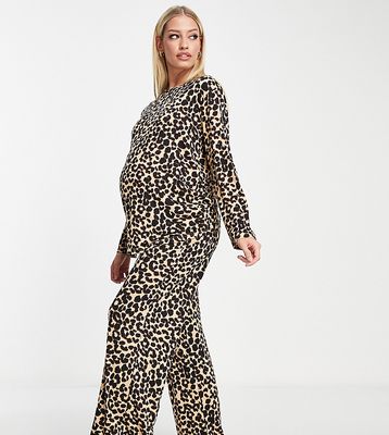 ASOS DESIGN Maternity viscose leopard long sleeve top & wide leg pants pajama set in brown