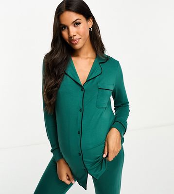 ASOS DESIGN Maternity viscose long sleeve shirt & pants pajama set with contrast piping in green