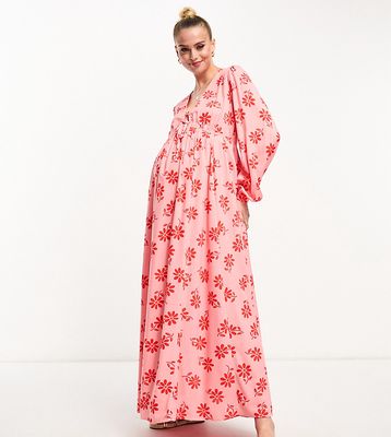 ASOS DESIGN Maternity viscose v-neck long sleeve midi dress with tie front detail in red and pink floral-Multi