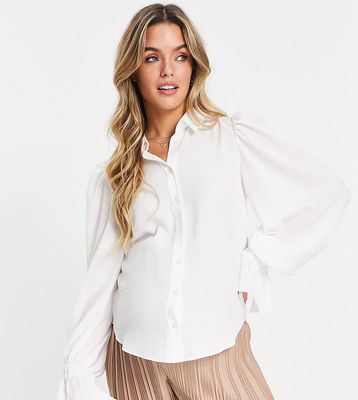 ASOS DESIGN Maternity volume sleeved soft shirt with ruffle cuffs in ivory-White