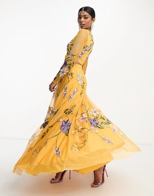 ASOS DESIGN maxi lehenga skirt in wisteria embroidery in mustard-Yellow