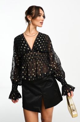 ASOS DESIGN Metallic Accent Blouson Sleeve Top in Black