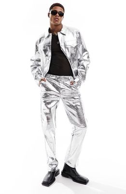 ASOS DESIGN Metallic Faux Leather Pants in Silver
