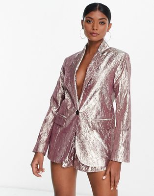 ASOS DESIGN metallic nipped waist suit blazer in silver