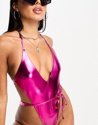 ASOS DESIGN metallic plunge super high leg swimsuit in pink