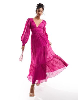 ASOS DESIGN micro pleat plunge neck maxi dress with cross back in magenta-Pink