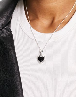 ASOS DESIGN mid length necklace with black stone heart pendant in silver tone