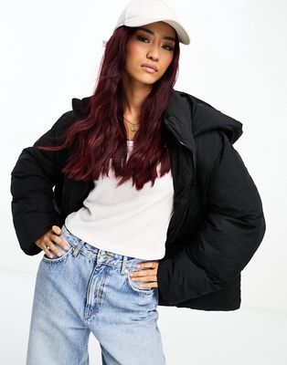 ASOS DESIGN mid length puffer coat with hood in black