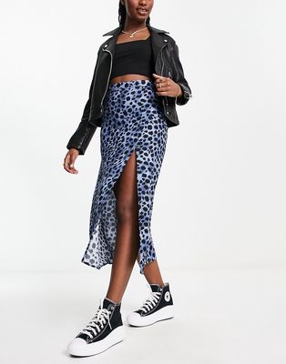 ASOS DESIGN midi slip skirt with thigh split in dark blue leopard print