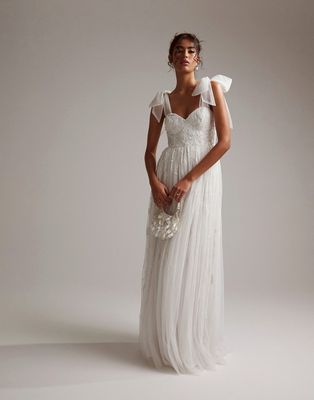 ASOS DESIGN Mila floral embellished mesh wedding dress with tie straps in ivory-White