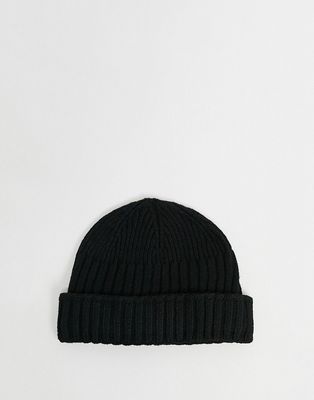 ASOS DESIGN mini fisherman beanie hat in polyester in black