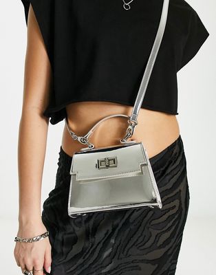 ASOS DESIGN mini lock detail bag with top handle and detachable crossbody strap in silver