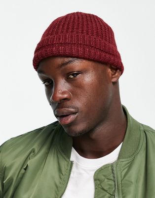 ASOS DESIGN mini ribbed fisherman beanie in burgundy with turn up detail-Red