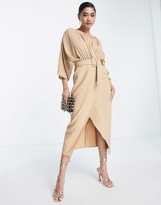 ASOS DESIGN mixed fabric belted wrap skirt midi dress in camel-Neutral