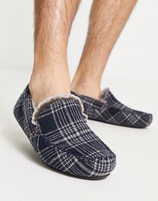 ASOS DESIGN moccasin slippers in navy check