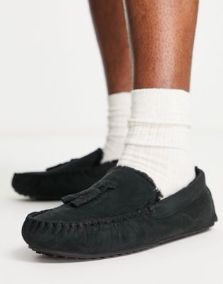 ASOS DESIGN moccasin slippers with faux fur lining in black