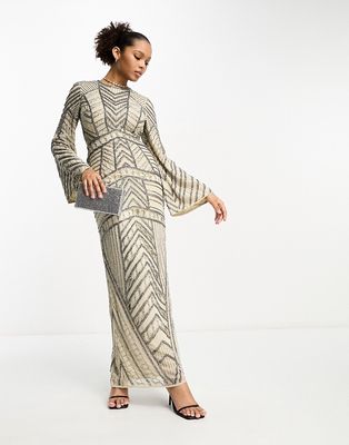 ASOS DESIGN Modest long sleeve chevron embellished maxi dress in stone-Brown