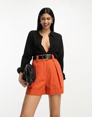 ASOS DESIGN mom short with waist tabs with linen in rust-Red