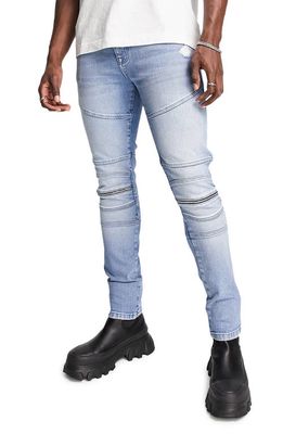 ASOS DESIGN Moto Knee Zip Skinny Jeans in Mid Blue