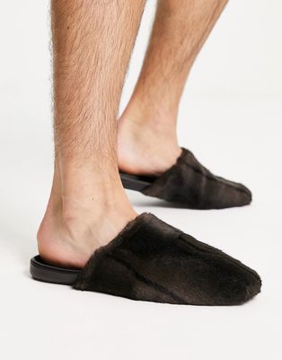 ASOS DESIGN mule slippers in dark brown faux fur