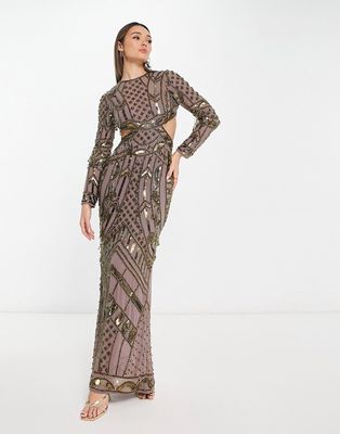 ASOS DESIGN multi embellished maxi dress with cut out waist in mauve-Purple