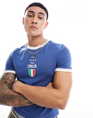 ASOS DESIGN muscle fit football T-shirt with Italia print-Blue