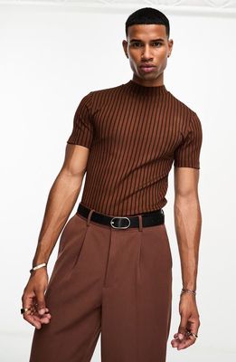 ASOS DESIGN Muscle Fit Stripe T-Shirt in Brown