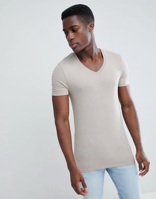 ASOS DESIGN muscle fit t-shirt with v neck in beige-Neutral