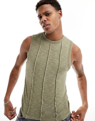 ASOS DESIGN muscle fit textured tank in khaki with seam detail-Green