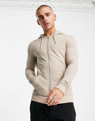 ASOS DESIGN muscle fit zip through hoodie with super skinny joggers tracksuit in beige-Neutral